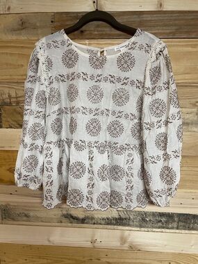 Blu Pepper size Large Lightweight Cream Peasant Blouse with Brown Embroidery